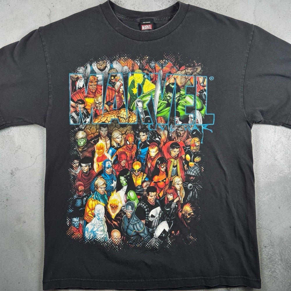 Vintage Marvel Comics All Over Heroes Graphic T Shirt Mens L Black Mad Engine